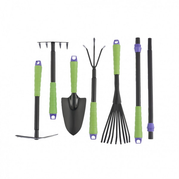 Set unelte de grădină LONG: scafă, greblă evantai, cultivator, greblă cu 5 dinți, săpăligă + mânere prelungitoare